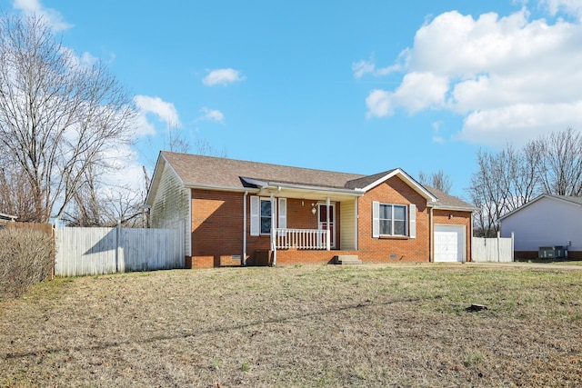 single story home featuring covered porch, brick siding, crawl space, and fence