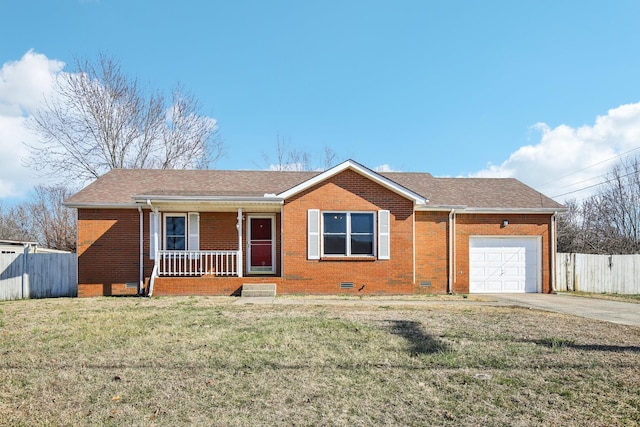 ranch-style house featuring a porch, crawl space, brick siding, and fence