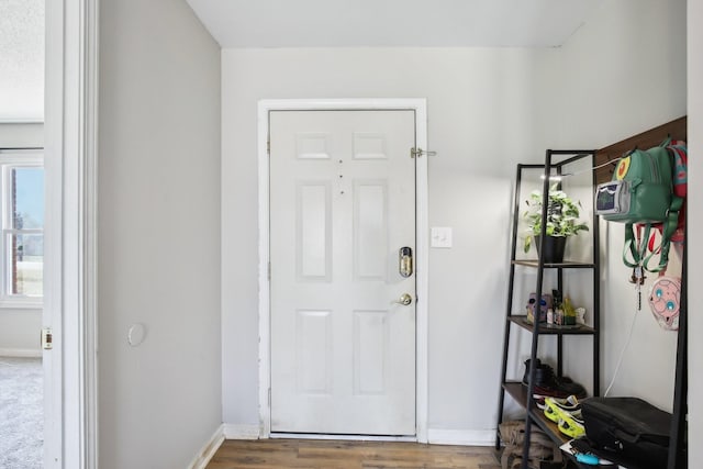 foyer entrance featuring baseboards and wood finished floors