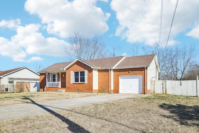 ranch-style home with driveway, crawl space, an attached garage, fence, and brick siding