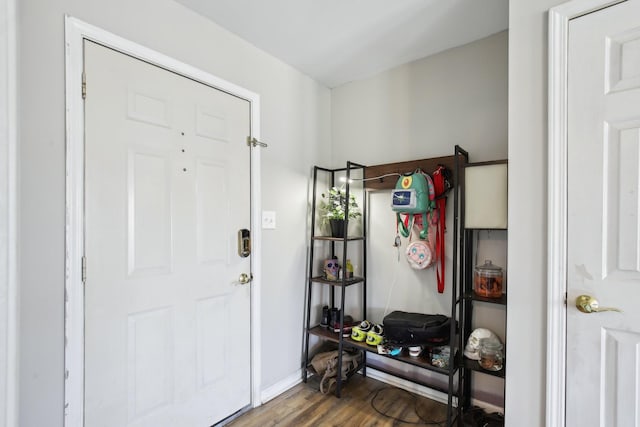 mudroom featuring baseboards and wood finished floors