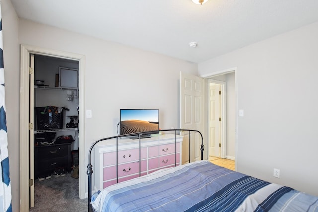 carpeted bedroom with a spacious closet and a closet