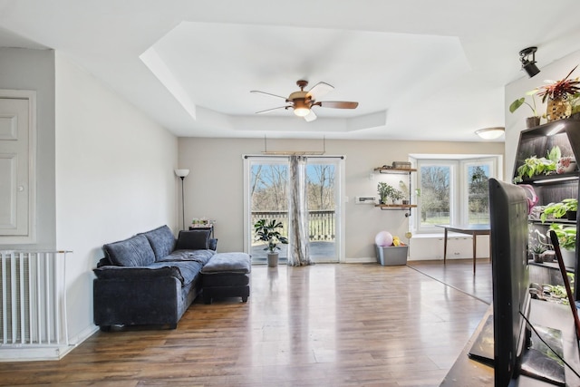 living area with a ceiling fan, a tray ceiling, a healthy amount of sunlight, and wood finished floors