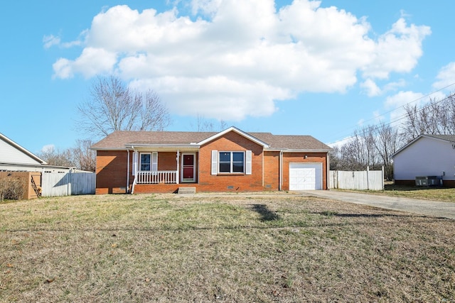 ranch-style home with brick siding, covered porch, crawl space, fence, and a garage