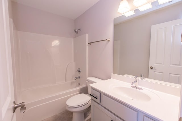 full bathroom featuring visible vents, toilet, tub / shower combination, vanity, and tile patterned floors