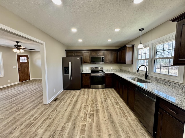 kitchen featuring stainless steel appliances, light wood-style flooring, a healthy amount of sunlight, a sink, and dark brown cabinetry