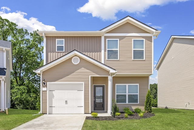 view of front of property with concrete driveway, board and batten siding, and a front yard