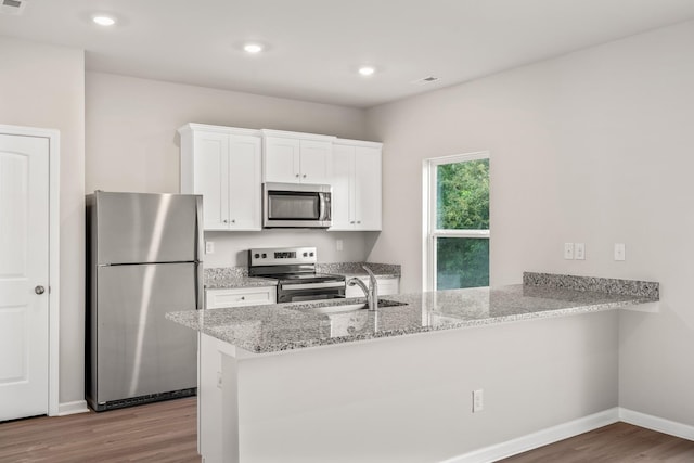 kitchen with stainless steel appliances, light stone counters, a peninsula, and wood finished floors