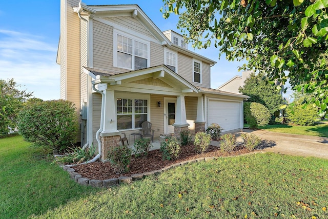 view of front of property featuring a porch, driveway, a chimney, and a front lawn