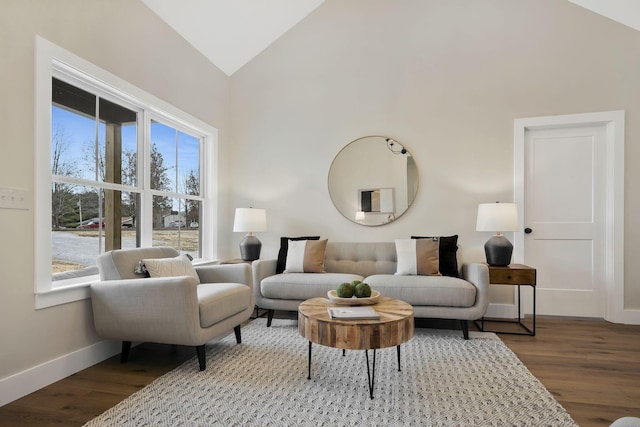 living area with high vaulted ceiling, baseboards, and wood finished floors