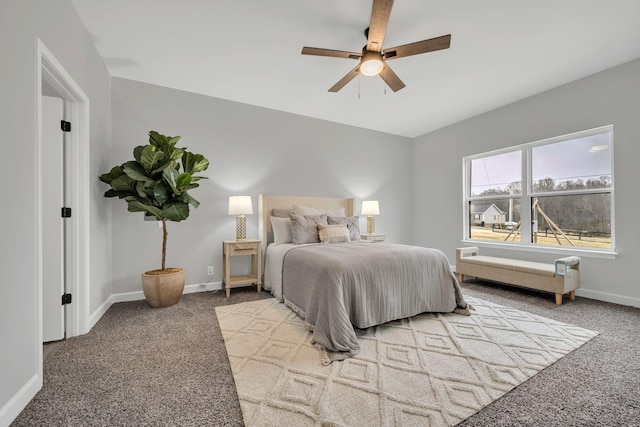 bedroom with light carpet, ceiling fan, and baseboards