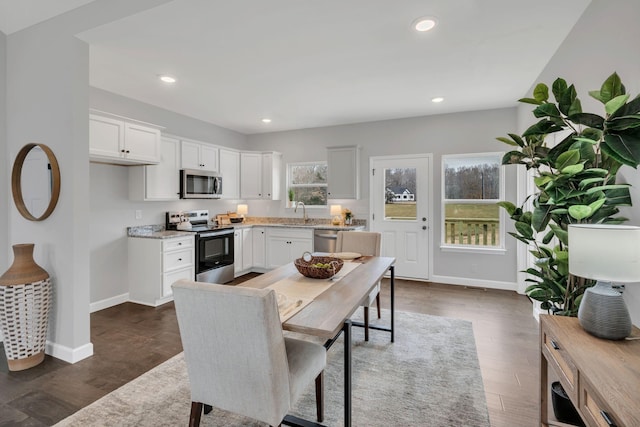 kitchen with appliances with stainless steel finishes, a wealth of natural light, white cabinets, and recessed lighting