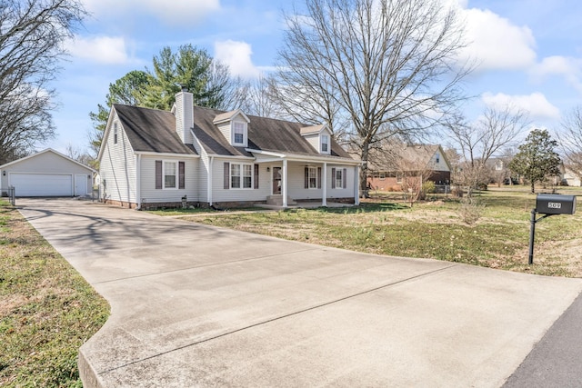 cape cod home featuring an outbuilding, a front lawn, a detached garage, and covered porch