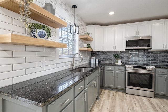 kitchen featuring open shelves, backsplash, gray cabinetry, appliances with stainless steel finishes, and a sink