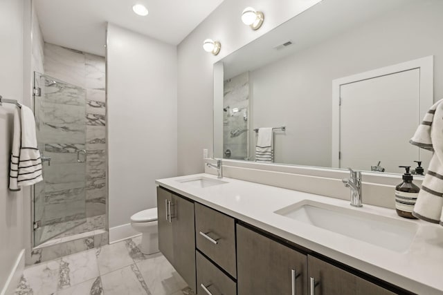 full bathroom with marble finish floor, a stall shower, a sink, and visible vents