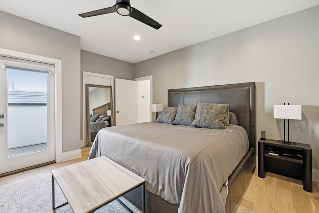 bedroom with ceiling fan, recessed lighting, baseboards, access to exterior, and light wood finished floors