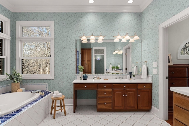 bathroom with wallpapered walls, tile patterned floors, crown molding, vanity, and a bath