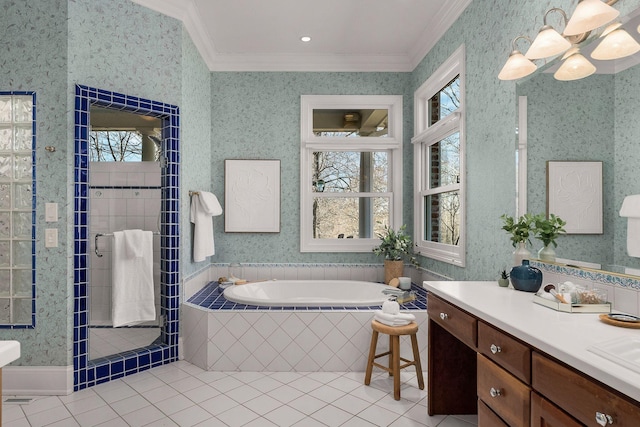 full bathroom featuring wallpapered walls, a wealth of natural light, and crown molding