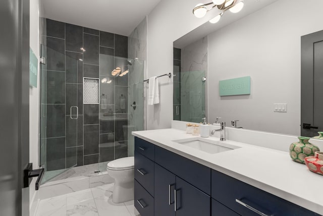 full bath with toilet, marble finish floor, a shower stall, and vanity