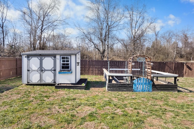 view of shed featuring a fenced backyard and a vegetable garden