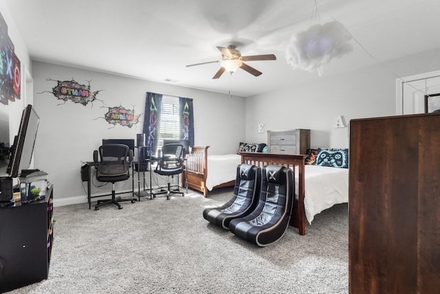 bedroom featuring carpet floors, visible vents, ceiling fan, and baseboards