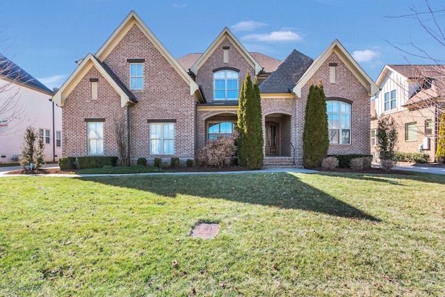 view of front of house featuring a shingled roof, a front yard, and brick siding