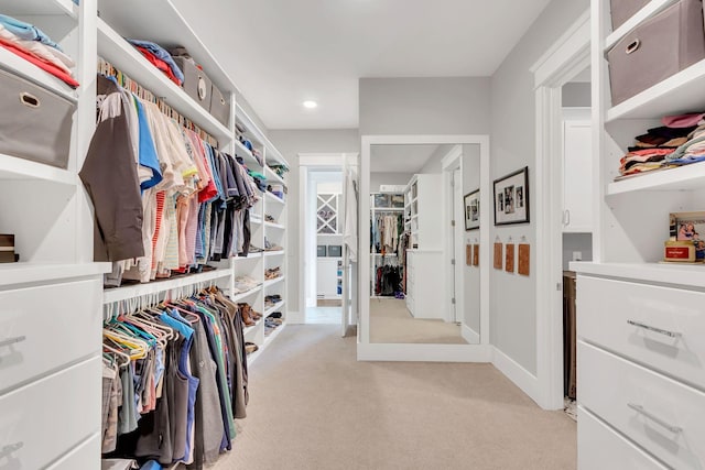 spacious closet featuring light colored carpet