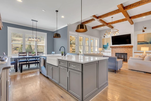 kitchen featuring light wood-type flooring, gray cabinets, coffered ceiling, and a sink