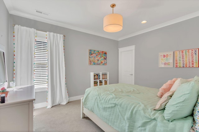 bedroom with recessed lighting, carpet floors, visible vents, baseboards, and ornamental molding