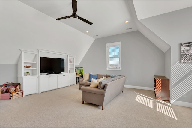 living room featuring lofted ceiling, light carpet, visible vents, and baseboards