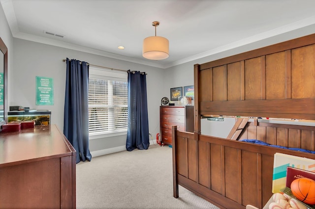 bedroom featuring light carpet, baseboards, visible vents, and crown molding