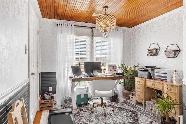 office with wooden ceiling, a textured wall, and an inviting chandelier