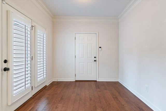 entryway featuring baseboards, ornamental molding, and dark wood-style flooring