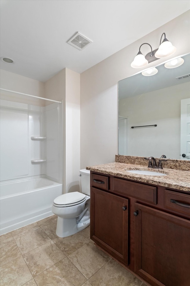 full bath featuring toilet, shower / bath combination, visible vents, and vanity