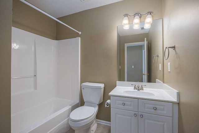 full bath with baseboards, shower / bathtub combination, toilet, and vanity