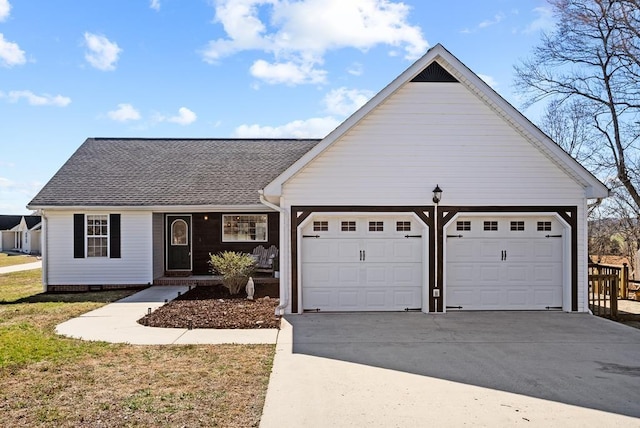 ranch-style house featuring a garage, a shingled roof, driveway, crawl space, and a front lawn