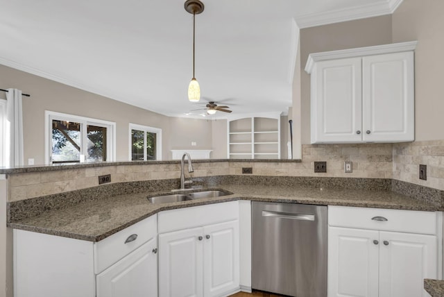 kitchen featuring a sink, white cabinets, ornamental molding, stainless steel dishwasher, and tasteful backsplash