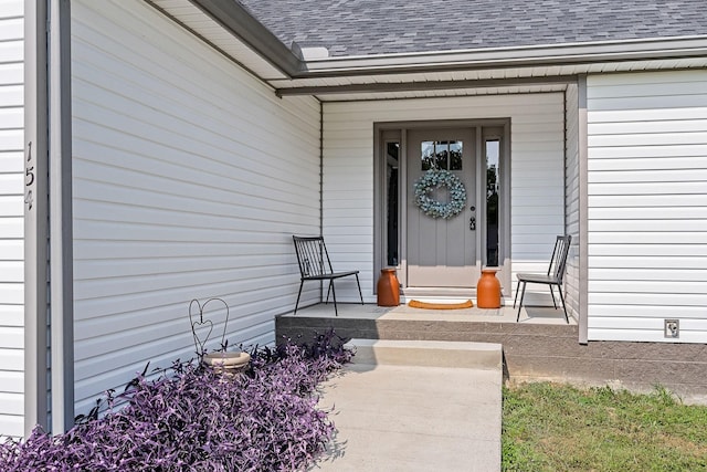 doorway to property with roof with shingles