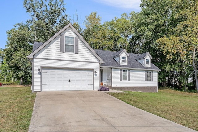 view of front facade with a garage, driveway, a front lawn, and crawl space