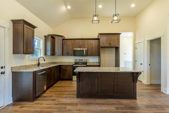 kitchen with dark wood finished floors, stainless steel appliances, a sink, and a center island