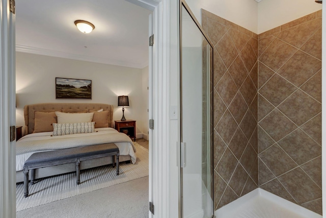 carpeted bedroom with crown molding