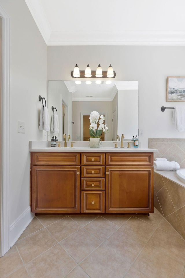 bathroom featuring double vanity, ornamental molding, a sink, and tile patterned floors