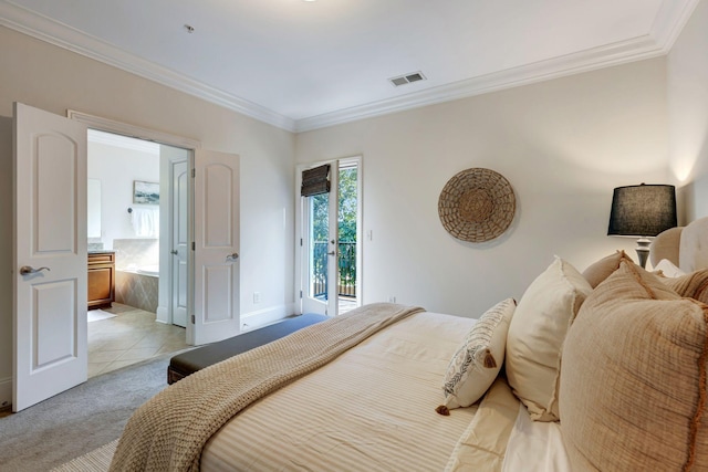 bedroom with light carpet, visible vents, baseboards, access to exterior, and ornamental molding