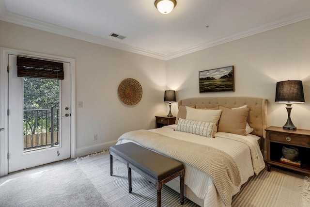 bedroom with visible vents, baseboards, light colored carpet, ornamental molding, and access to outside