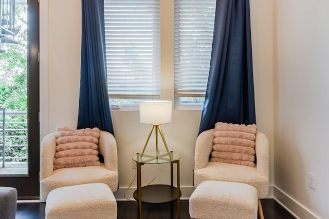 sitting room featuring baseboards, wood finished floors, and a healthy amount of sunlight