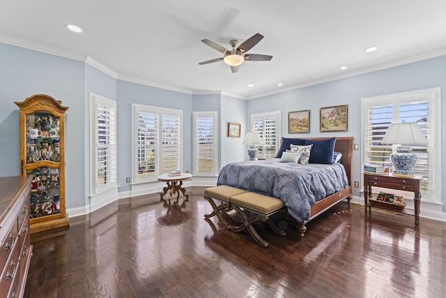 bedroom featuring baseboards, ceiling fan, wood finished floors, crown molding, and recessed lighting