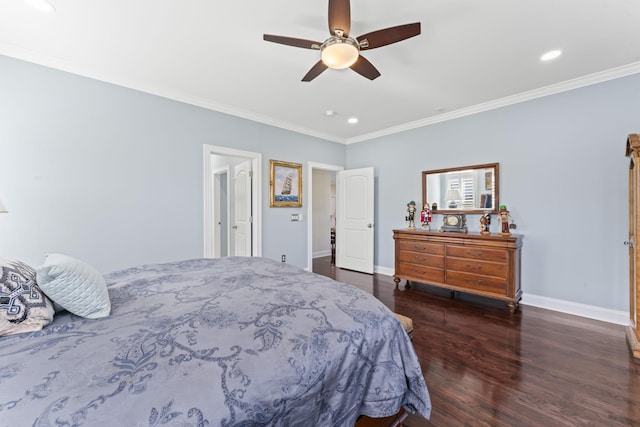 bedroom featuring ornamental molding, a ceiling fan, baseboards, and wood finished floors