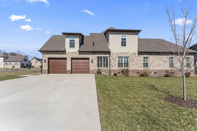 view of front of house featuring roof with shingles, brick siding, crawl space, driveway, and a front lawn