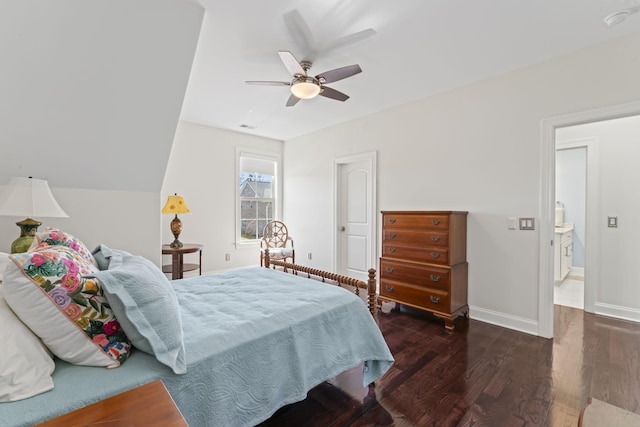 bedroom featuring visible vents, wood finished floors, a ceiling fan, and baseboards