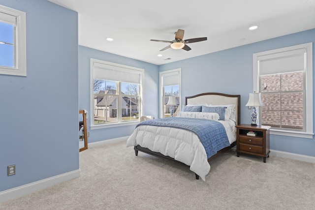 bedroom with carpet floors, recessed lighting, and baseboards